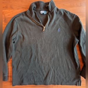 Polo Ralph Lauren 1/4 Zip Black Pullover Sweater Size XL Blue Logo Leather Pull
